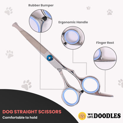 Dog Grooming Scissors Kit with Rounded Blunt Tips - Straight, Curved & Thinning Shears - Best Tools for Goldendoodles, Poodles & Doodles - Professional Grade Steel, 4 Pc Set [We Love Doodles]