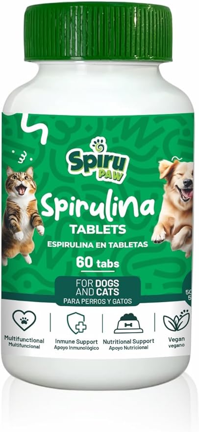 Spirulina-Based Tablets for Pets Produced in The Atacama Dessert - Natural Supplement Nutrient-Rich, Essential Amino Acids & Prebiotics - 60 Count