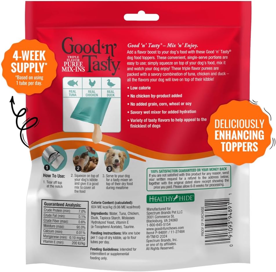 Good 'n' Tasty Triple Flavor Puree Mix-Ins Dog Food Topper Treats for All Dogs, 28 Count, Easy Single-Serve Portions, Added Protein with Tuna, Chicken and Duck