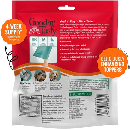 Good 'n' Tasty Triple Flavor Puree Mix-Ins Dog Food Topper Treats for All Dogs, 28 Count, Easy Single-Serve Portions, Added Protein with Tuna, Chicken and Duck