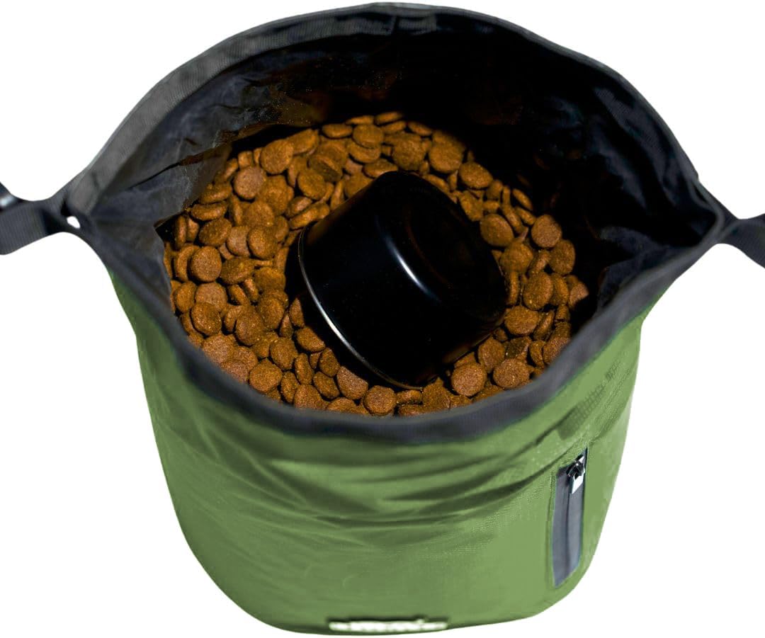 Callieco Dog Food Travel Bag w/ 1 Cup Scoop and Zipper Side Pocket | Waterproof Kibble Storage Container for Home, Road Trips, Camping, Boarding and More (Green, 32 Cups)