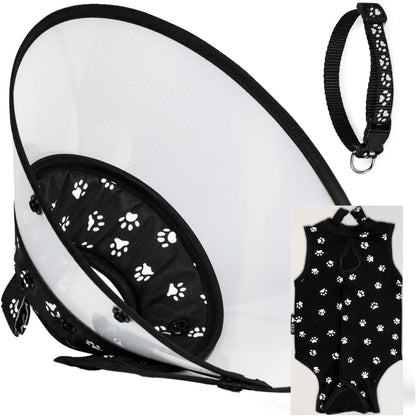 Cat Recovery Cone Kit Post Surgical Soft Pet Vest, Collar, and Non-Irritating Protection Cone for Cats - Comfortable Injury Care Solution (Black with White Paws, Medium)