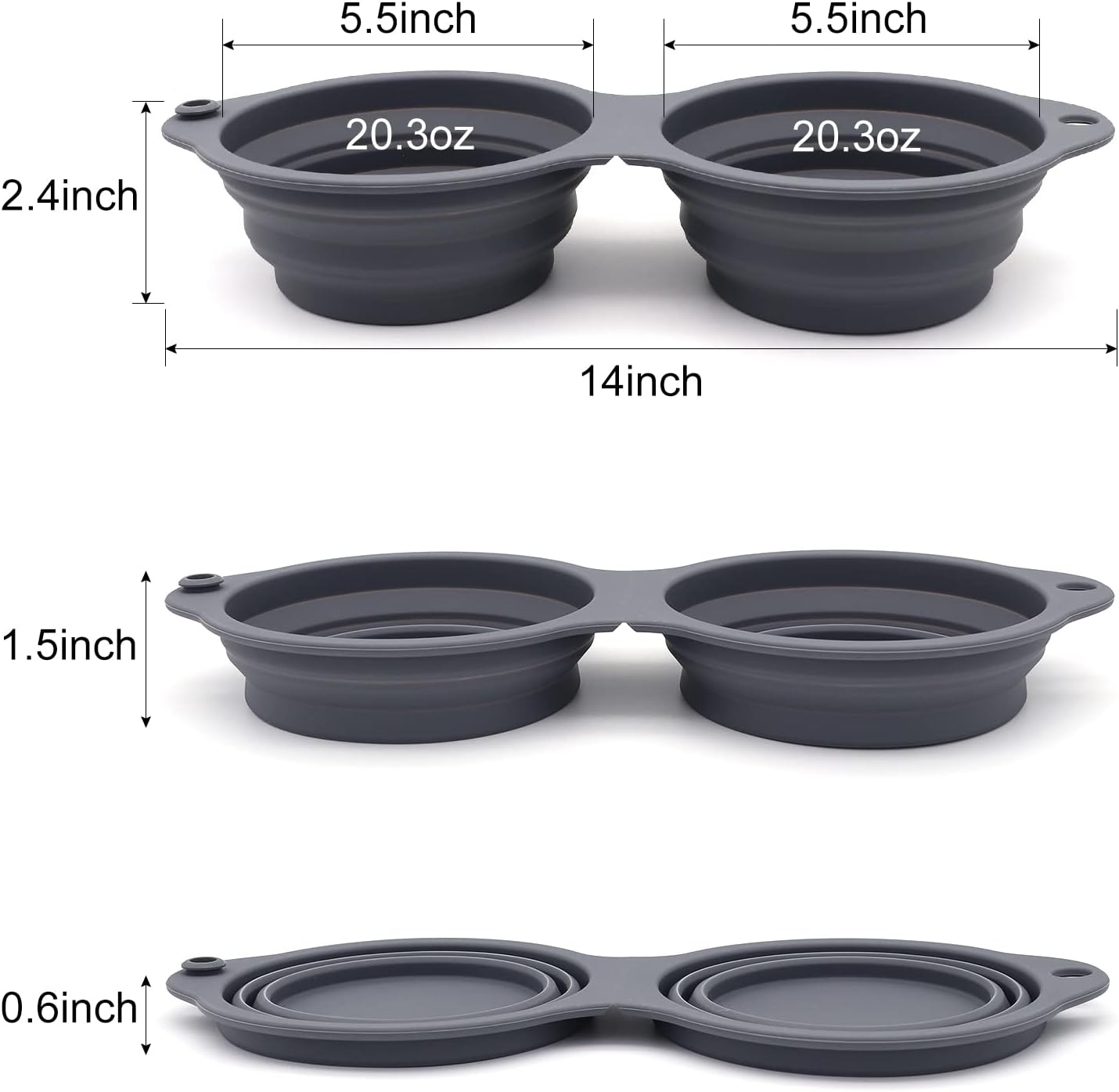 SLSON Collapsible Dog Bowls,Integrated Molding Dog Double Bowl No Plastic Rim 2 in 1 Foldable Pet Food & Water Bowl Cat Feeder Dish for Walking,Hiking,Camping (Dark Grey)