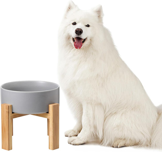 Raised Ceramic Large Dog Bowl - Heavy Weighted Dog Dish with Bamboo Stand - Elevated for Comfortable Feeding - 8.3" W x 8" H - 4.5 Cups (68 fl oz) - Grey