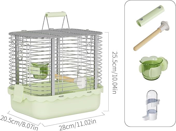 Bird Carrier Travel Cage, Durable Portable Stainless Steel Birdcage with Bird Perch & Feeding Bowl for Parrots Canaries Budgies Lovebirds Conures Cockatiels (Small Light Green)