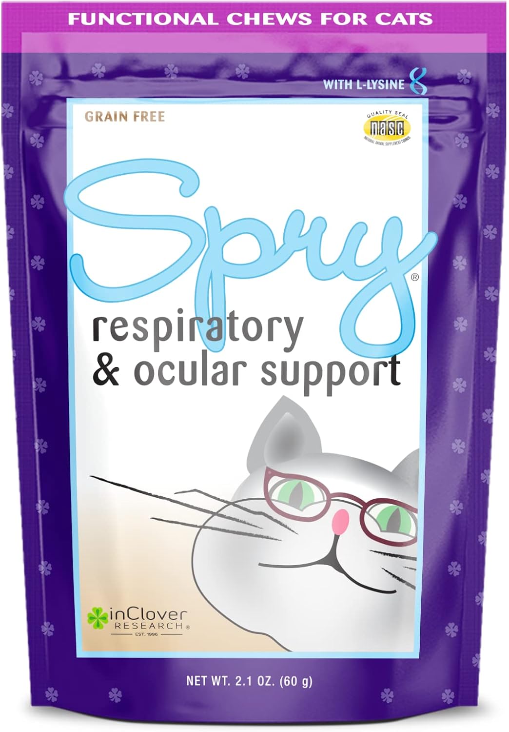 In Clover Spry Daily Respiratory and Ocular Support Soft Chews for Cats, with L-Lysine, Superfoods, and Prebiotics for a Strong Immune System, 2.1 oz. (60 count)