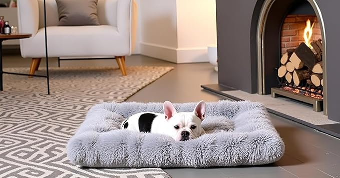 Fluffy Small Dog Bed, Washable Warm Winter Heated Calming Dog Crate Bed for Small Size, Supportive Plush Crate Pad for Dogs(18 * 12", Light Grey).