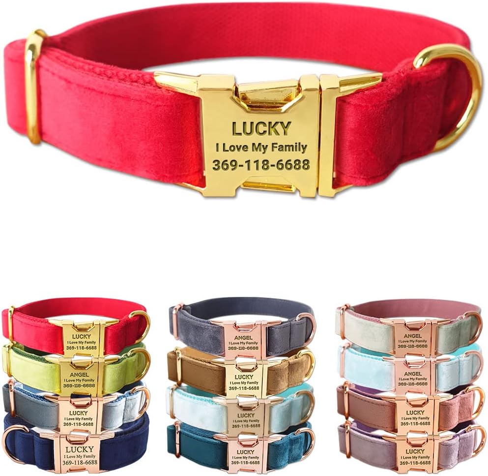 PETDURO Personalized Dog Collar Red Soft Velvet for Large Medium Small Boy Girl Dogs - Custom Collar with Name Phone Engraved on Bright Gold Metal Buckle - Add Matching Leash Bow Set via Customize Now