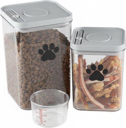 Dog Cat Food Storage Container with Scoop, 2Pack Airtight Plastic Pet Food Storage Containers,Dog Treat Container Jars Set,Treats Canister for Kitchen or Countertop,BPA Free, Clear