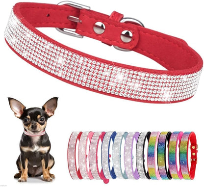 Serijoars Small Dog Collar with Rhinestone Crystal Diamond Colorful Bling Girl Puppy Cat Collars (XXS, Red)