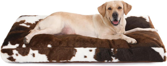 Bedfolks Plush Waterproof Dog Crate Bed, Faux Fur Kennel Pad for Extra Large Dogs, Removable Washable Cover, 41"x27", Cow Print