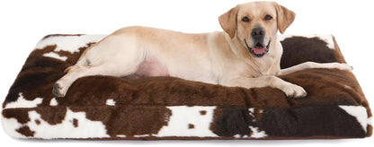 Bedfolks Waterproof Crate Bed, Plush Washable Cover, Faux Fur Pad for XXL Dogs, Fluffy Kennel Bed 47"x29", Cow Print
