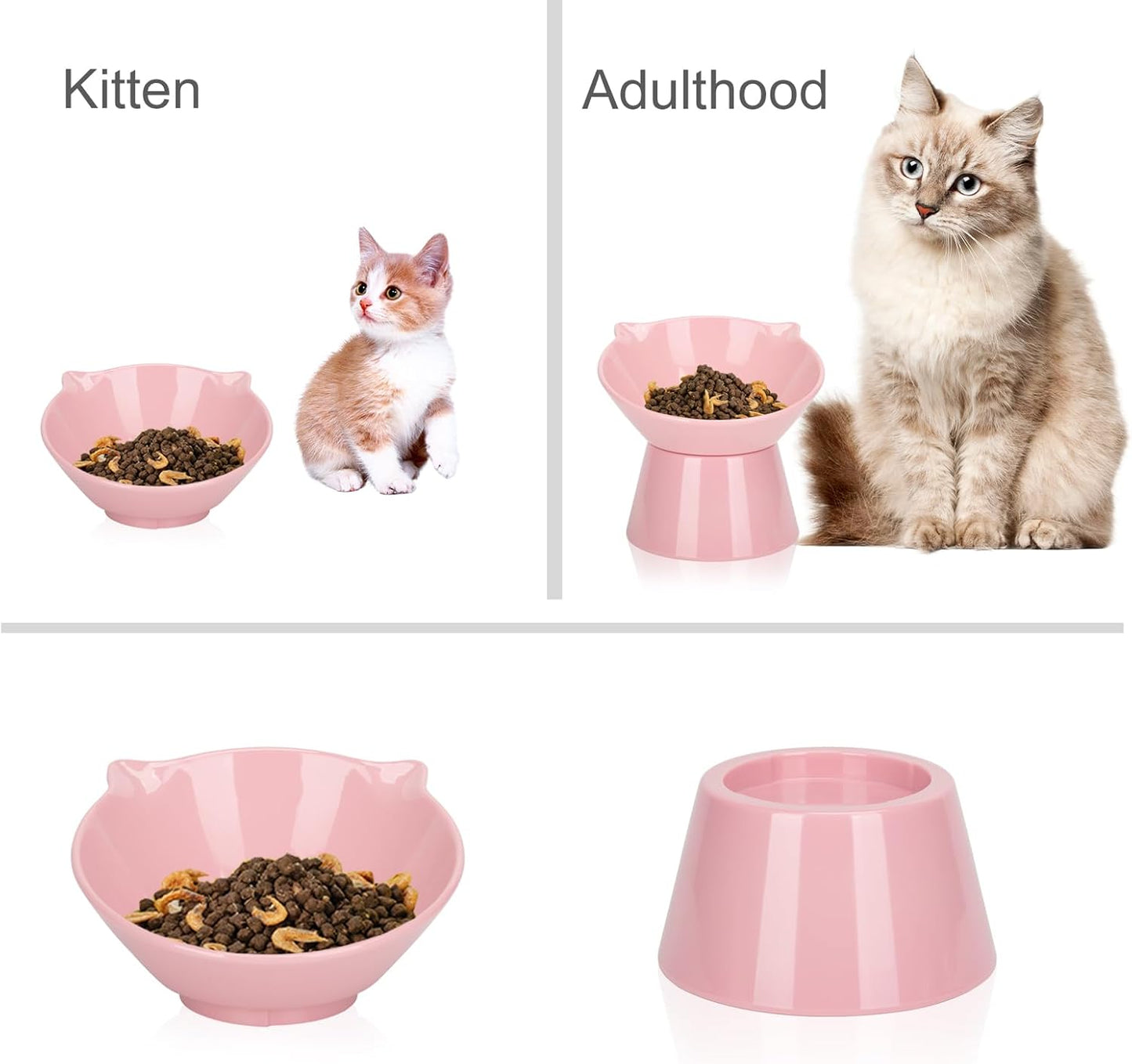 Detachable Elevated Cat Bowls, 15° Tilted Raised Cat Food Bowl Anti-Vomiting,Whisker Friendly, Adjustable Pet Dishes Extra Wide for Protecting Spine, Adult Kitten (Pink