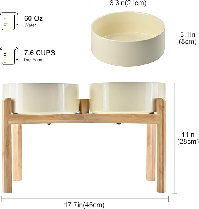 SPUNKYJUNKY Elevated Dog Bowls Ceramic, 8.3'' Dogs Food Water Bowls Raised with Non-Slip Bamboo Stand for Large Sized Breed Microwave Dishwasher Safe - 60 OZ,Beige