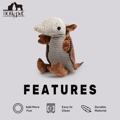 Hollypet Plush Dog Squeaky Toy Stuffed Armadillo Animal Pet Puppy Chew Toys with Clean Teeth for Small Medium Large All Breed Sizes Dogs, Brown, 14 in