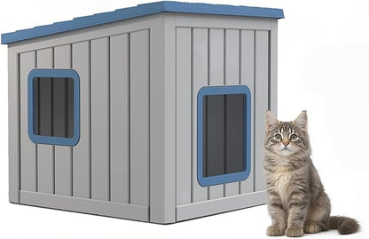 DRATO Outdoor Cat House,Waterproof PP Material Cat Houses for Feral Cats,Robust and Easy to Assemble,Feral Cat Shelter for Winter,Suitable for Cats, Rabbits and Other Small Animals (Blue, Small)