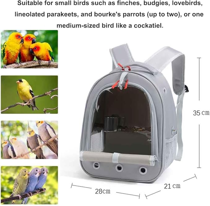 Bird Traval Carrier Cage, Multi Vent Holes Clear Space Capsule Astronaut Backpack to Carry Parakeet Cockatiel Parrot with Metal Tray Wood Perch, Vet Transport Book Bag (Grey)