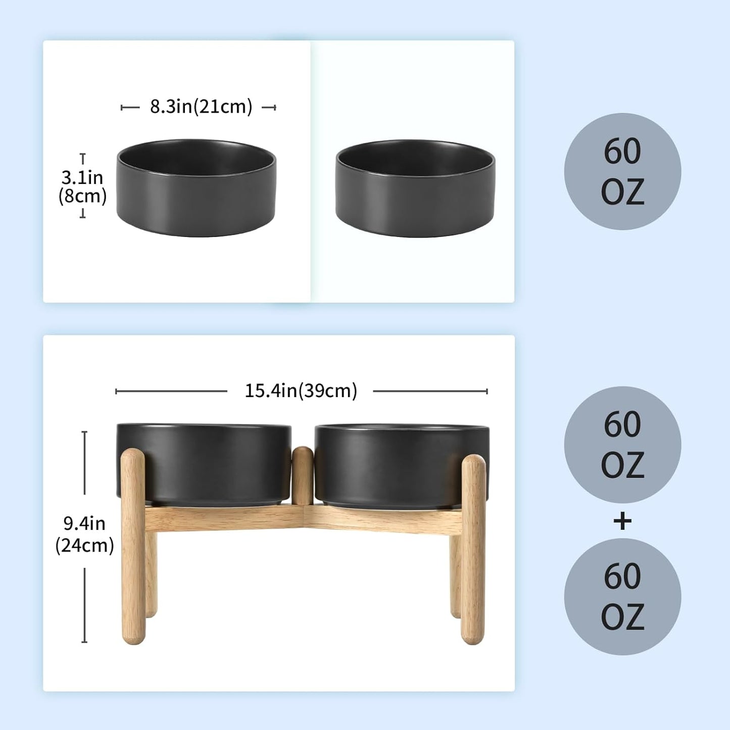 SPUNKYJUNKY Ceramics Elevated Dog Bowls with Wooden Stand Raised Dog Bowl for Medium Large Dog Food and Water Pet Feeding Bowl(Double 60OZ Bowls,Black)