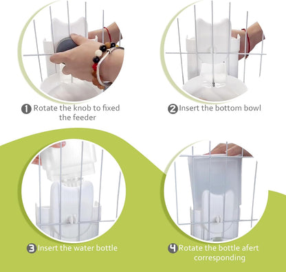 Hanging Cage Automatic Small Pet Food Bowl Water Bottle Dispenser, 1L Auto Gravity Pet Feeder and Waterer Set Kennel Feeding Station Crate Feeder Dish for Rabbit Puppy Cats Ferret (Grey)