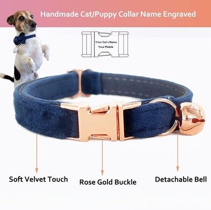 Cat Collar Personalized with Name Engraved and Bell, Customized Velvet Collars for Puppy Kittens (Navy Blue, S)