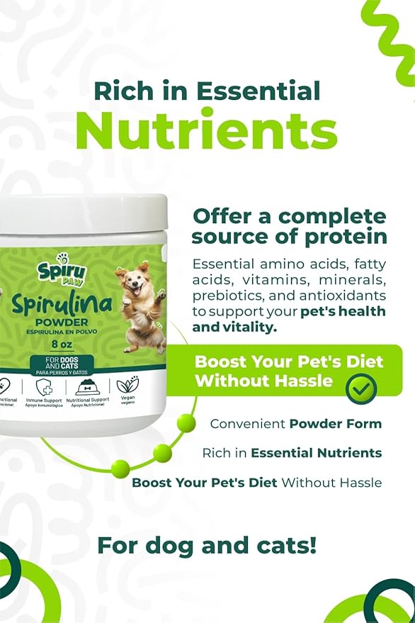 Spirulina-Based Powder for Pets Produced in The Atacama Dessert - Natural Supplement Nutrient-Rich, Essential Amino Acids & Prebiotics - 8 oz