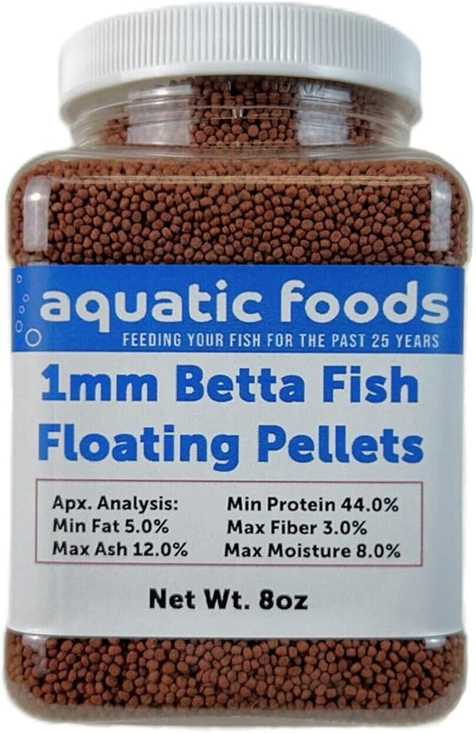 Aquatic Foods Inc. 1mm - 1/32" Floating Pellets for Bettas, Siamese Fighting Fish, Guppies, Tetras, Live Bearers, Baby Koi, All Smaller Tropical and Pond Fish...WL 8oz Sm Jar