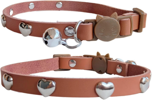 Spiked Cat Collar with Bells, Breakaway Genuine Leather Protective Collar for Kitty, Studs Spikes Punk Style, Heart Pattern, Adjustable for Girl Boy Kittens Small Bunny Rabbit, 10"-12" Brown