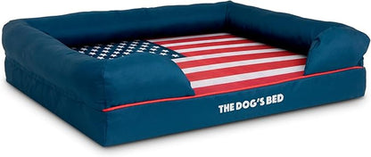 The Dog’s Bed, Large Blue Oxford with Red Trim, USA Flag Dog Bed with Central Flag Memory Foam, Pain Relief: Arthritis, Post Surgery, Waterproof Washable Cover
