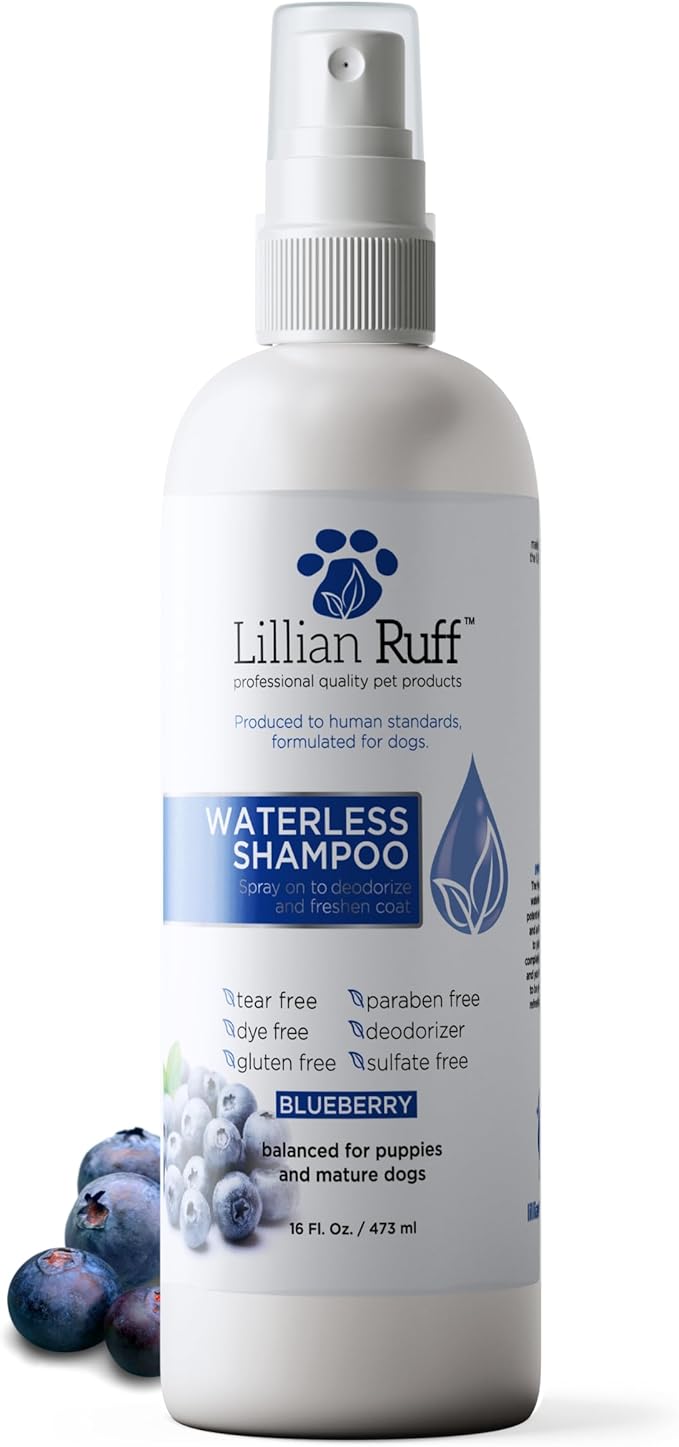 Lillian Ruff Waterless No-Rinse Dog Dry Shampoo Spray with Hydrating Essential Oils - pH-Balanced Dry Shampoo for Dogs - Clean, Condition, Detangle & Deodorize Dry, Sensitive Skin (Blueberry)