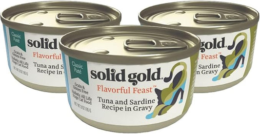 Solid Gold Wet Cat Food Pate - Healthy Canned Cat Food Pate w/Real Tuna & Sardine, Omega Fatty Acids, Vitamins & Minerals - Grain Free & Gluten Free Can Meals for Cats & Kittens - 3ct/3oz Cans