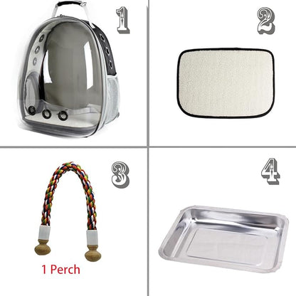 Bird Traval Carrier Cage, Clear Space Capsule Astronaut Backpack to Carry Parakeet Cockatiel Parrot with Metal Tray Wood Perch, Vet Transport School Bag