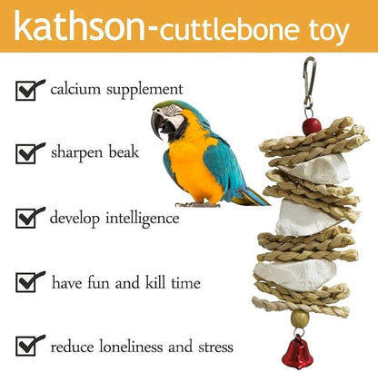 kathson 5PCS Wood Bird Perch Wooden Parrot Stand Toy Parakeet Standing Platform Chew Toys Natural Cuttlebone Paw Grinding Stick Cockatiels Cage Accessories Exercise Toy for Conures Budgies Lovebirds