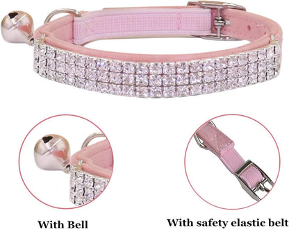 THAIN Rhinestones Cat Dog Collar Soft Velvet Safe Adjustable Collar Bling Diamante with Bells, 8-11 inch for Small Dogs and Cats (Pink)
