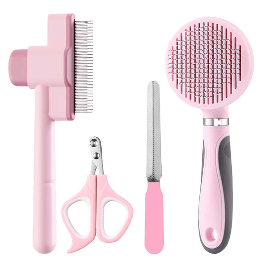 Cat Grooming Kit, 4-in-1 Cat Grooming Tools with Cats Brush, Flea Comb, Nail Clipper & Trimmer - Deshedding & Dematting for Pets Hair and Paws, Pet Shedding Set for Indoor Dogs & Cats (Pink)
