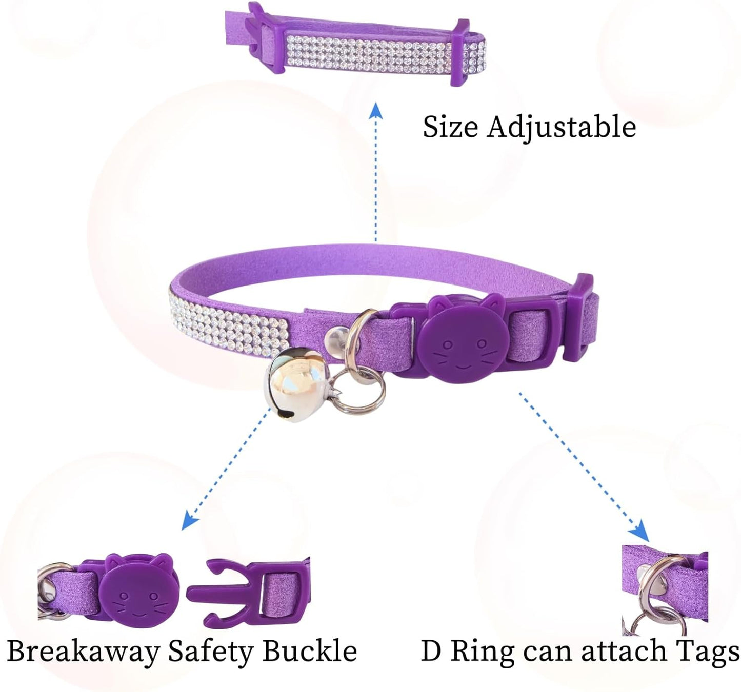 Rhinestone Cat Collar Breakaway with Bell Safety Buckle, Adjustable Diamond Girl Boy Kitty Cute Comfy Collar for Kitten Tiny Little Pets Rabbits, 6"-9" Purple Extra Small