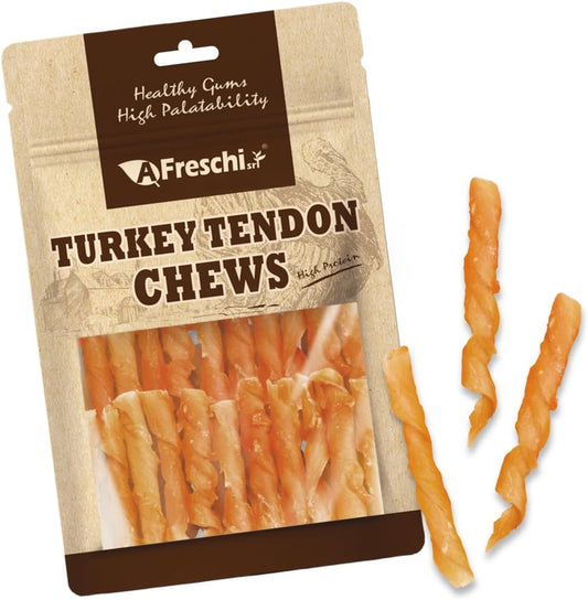 AFreschi Turkey Tendons for Dogs, USA-Sourced, Healthy Dog Treats, Rawhide-Free Puppy Chews, Long Lasting, All Natural, Hypoallergenic Dog Treats, Classic Series, Coil (S), 3 oz Pack