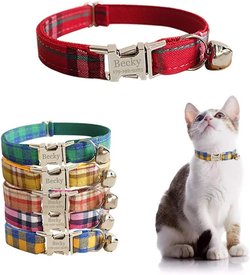 Personalized Cat Collar with Name Plate,Adjustable Tough Nylon Cat ID Collars with Bell,Customize Engraved Pet Name and Phone Number (Plaid Style A)
