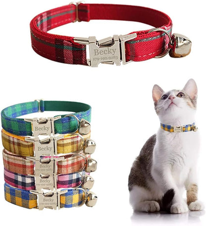 Personalized Cat Collar with Name Plate,Adjustable Tough Nylon Cat ID Collars with Bell,Customize Engraved Pet Name and Phone Number (Plaid Style A)
