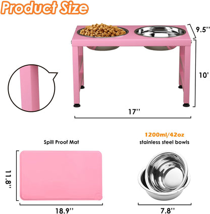 Pink Metal Raised Dog Bowl Stand for Large Dogs, Stronger Elevated Dogs Bowls with Sprill Proof Mat, Food & Water Bowl 10in Tall Feeder (42OZ-Stainless Steel Dog Bowls, Mat-12x19 in)