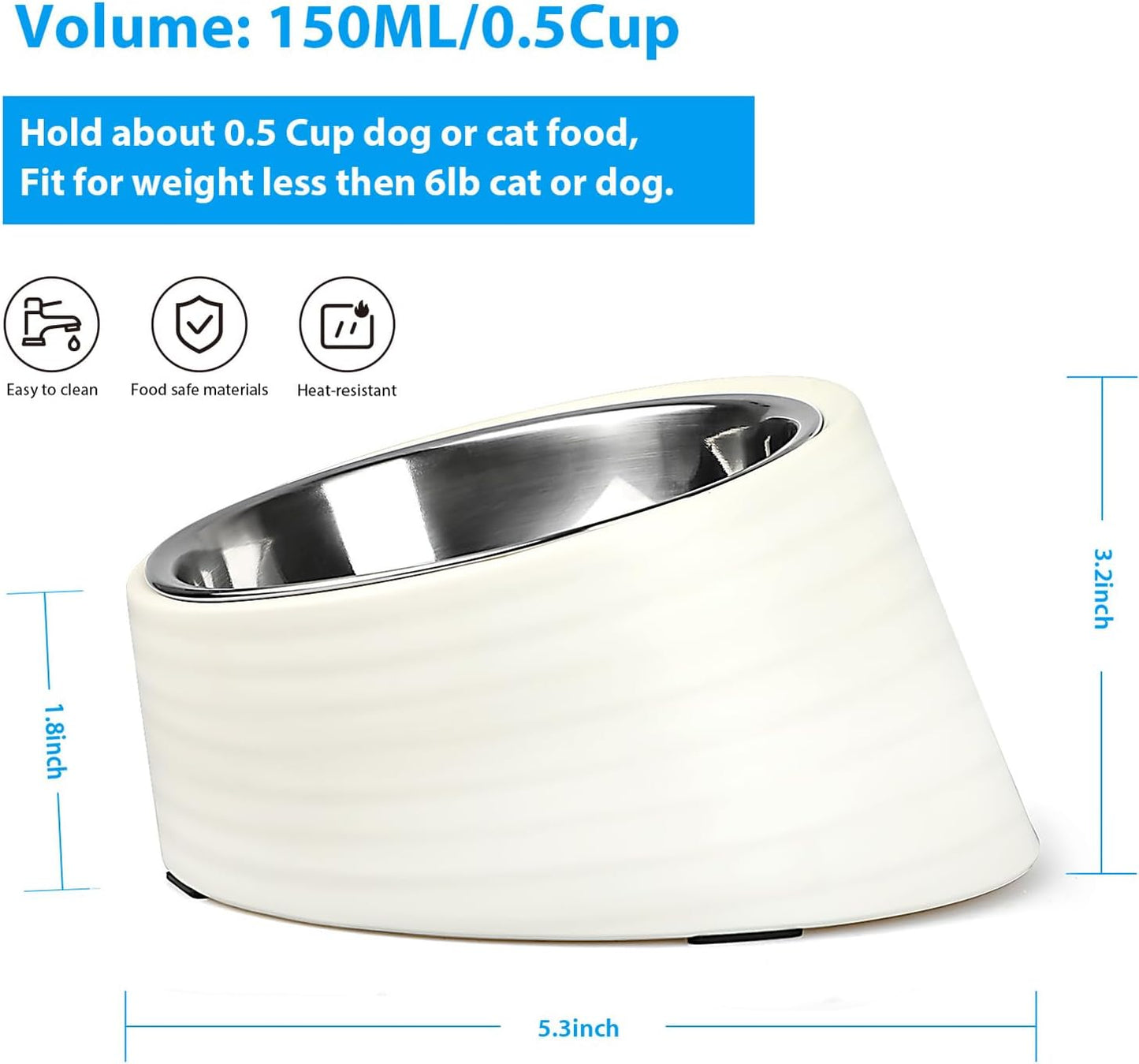 Slanted Small Cat Food Bowl 0.5 Cup, 15° Tilted Stainless Steel Mini Dog Puppy Food Bowl, Non-Slip & Non-Spill Small Kitten Pet Feeder with Elevated Detachable Melamine Stand, Easy to Get Food