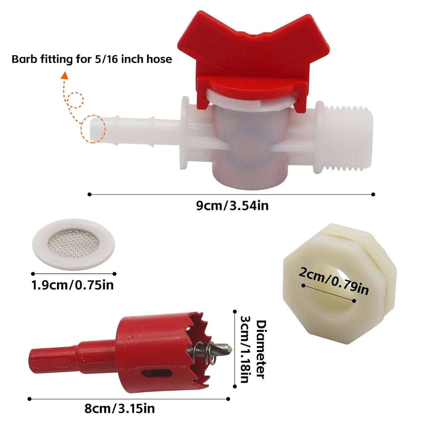 Rabbit Watering System Bucket Connector kit with 5/16'' Barb,Bulkhead Fitting,Mesh Washer, Hole Saw (for ID 5/16’’ Hose)