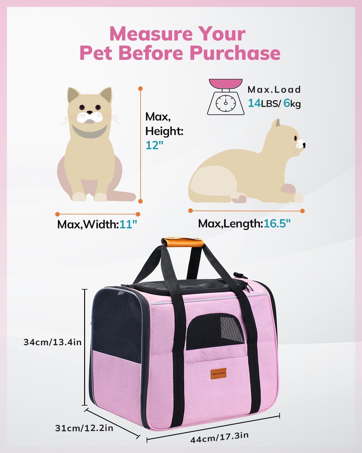 Morpilot Portable Cat Carrier - Soft Sided Cat Carrier for Medium Cats and Puppy up to 15lbs, Pet Carrier with Locking Safety Zippers, Foldable Bowl, Airline Approved Travel Dog Carrier - Pink