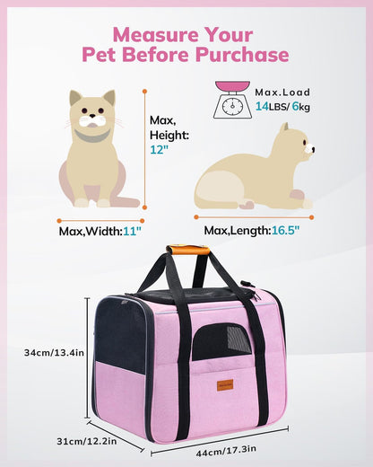 Morpilot Portable Cat Carrier - Soft Sided Cat Carrier for Medium Cats and Puppy up to 15lbs, Pet Carrier with Locking Safety Zippers, Foldable Bowl, Airline Approved Travel Dog Carrier - Pink
