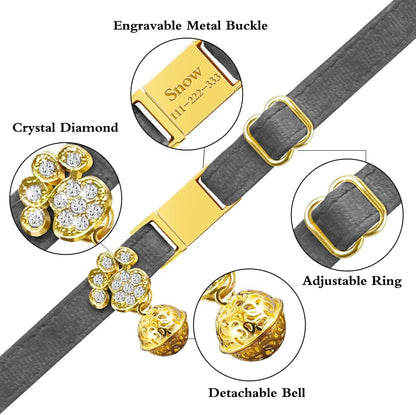 Personalized Breakaway Cat Collars - Magnetic Buckle, Bell - Safety Quick Release, Customized for Girls & Boys Cats- (Velvet-Grey)