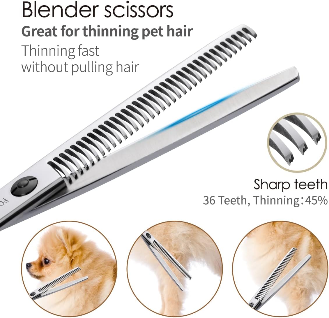 Professional Dog Grooming Scissors Kit 4pcs FOGOSP 7 inch Curved Thinning Straight Chunker Shears for Dogs Cat Pets (7 in Kit, Black)