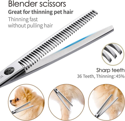 Professional 7.5" Dog Grooming Scissors Kit 4pcs, JP 440C Stainless Steel Curved Blender Straight Chunker Shears for Dog Cat and Pets (7.5 in Kit, Gold)