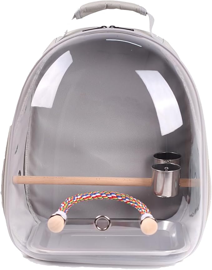 Bird Traval Carrier Cage, Multi Vent Holes Clear Space Capsule Astronaut Backpack to Carry Parakeet Cockatiel Parrot with Metal Tray Wood Perch, Vet Transport Book Bag