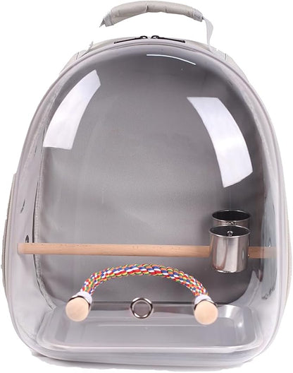 Bird Traval Carrier Cage, Multi Vent Holes Clear Space Capsule Astronaut Backpack to Carry Parakeet Cockatiel Parrot with Metal Tray Wood Perch, Vet Transport Book Bag