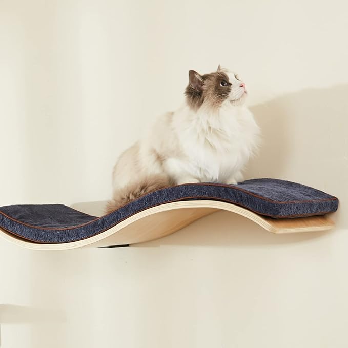 Cat Shelf with Comfortable Cushion - Wave Modern Cat Bed - Minimalistic Floating Cats Wall Perch - Wooden Wall Mounted Cats Furniture for Sleeping, Playing, Climbing, and Lounging