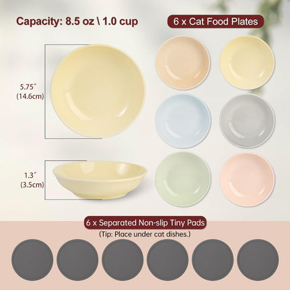 Ceramic Cat Food Bowl Set - 5.75 inch Colorful Cute Cat Dishes with Non Slip Pads - Wide Shallow Whisker Friendly - Microwave and Dishwasher Safe - 6 Pack - 8.5 oz